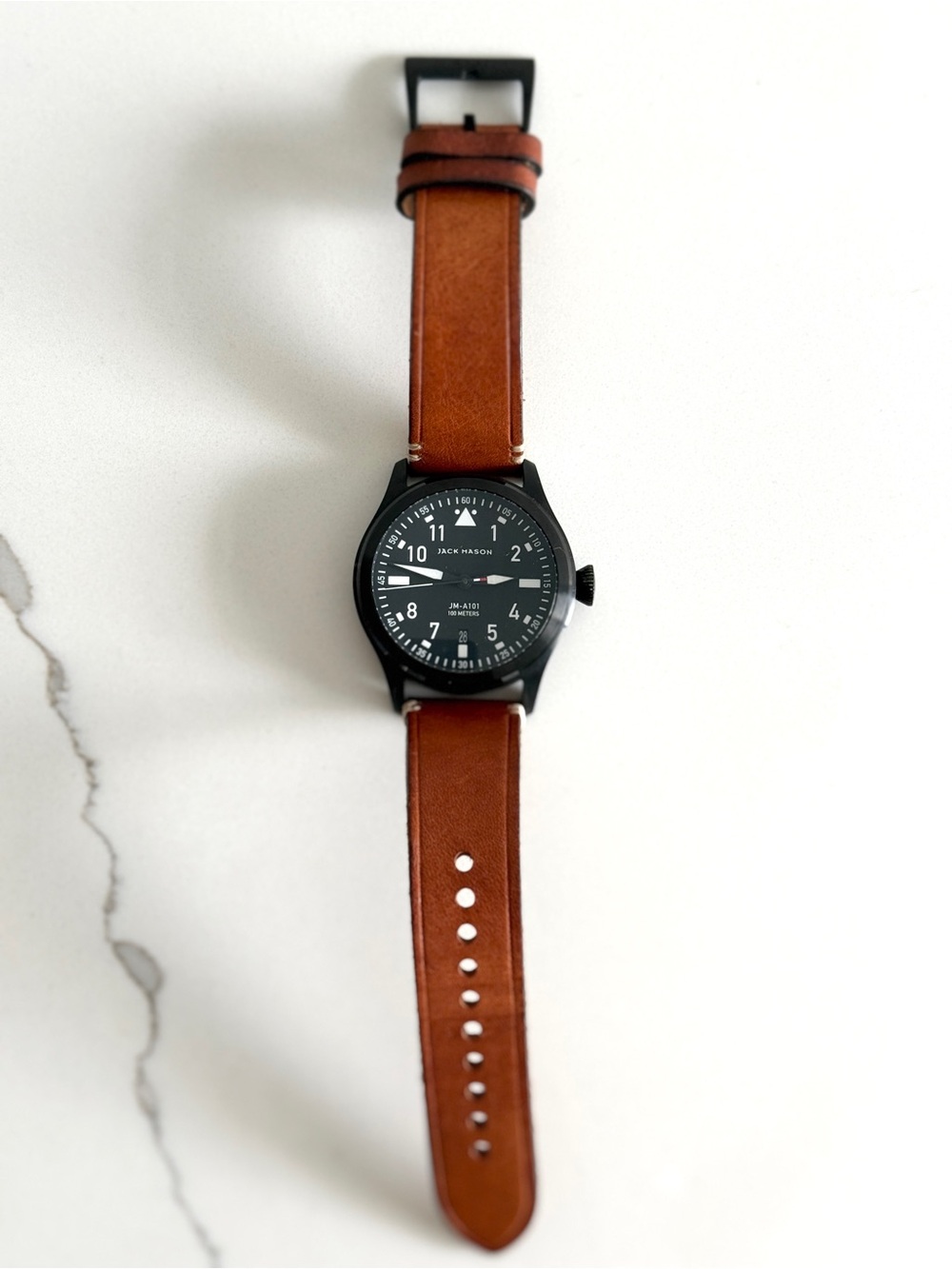 Jack Mason Aviator 3-Hand Black PVD Watch JM-A101 Brown Leather Strap
